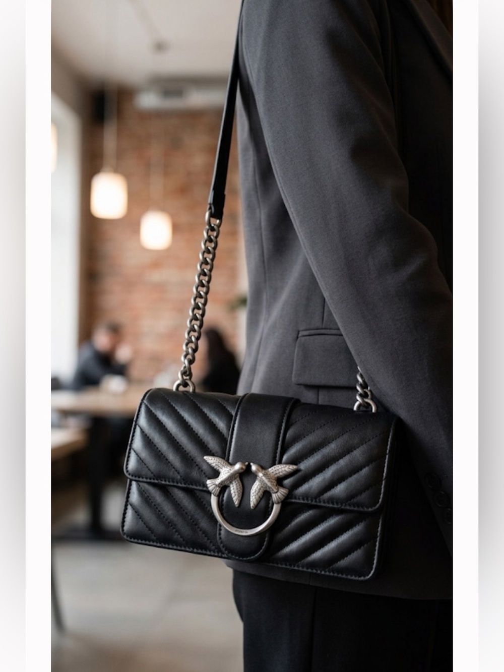 EUC Pinko Black Quilted Leather Shoulder Bag with Silver Bird Hardware